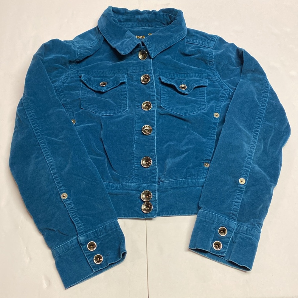 Seductions Jeans Blue Velvety Suede Button Down Cropped Collared Jacket Size 11